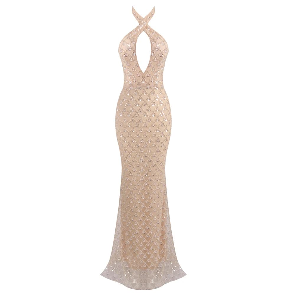 Superbe robe longue licou ornée de cristaux – Robe transparente sexy avec décolleté en V profond pou