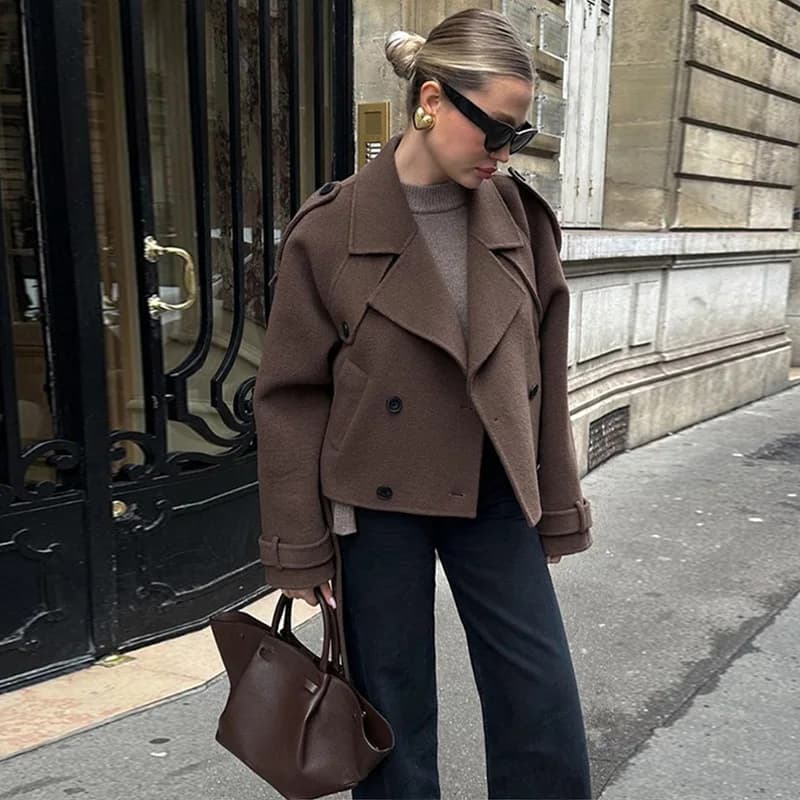 Manteau en laine pour femmes de rue avec ceinture revers ample Double boutonnage manches longues man