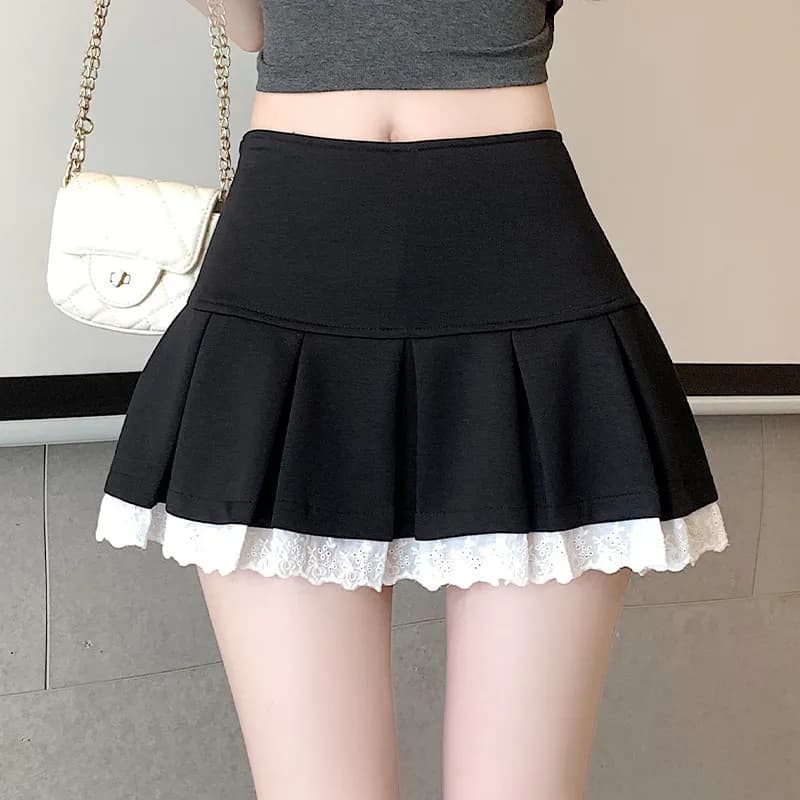 Mini-jupe plissée avec bordure en dentelle, taille haute avec short intégré, mini-jupe pour femmes, 
