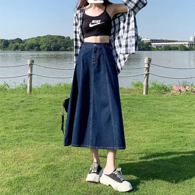 Jupe en jean pour femme, mi-longue et longue, été, fine, 2026, taille haute, ample, couleur unie, co