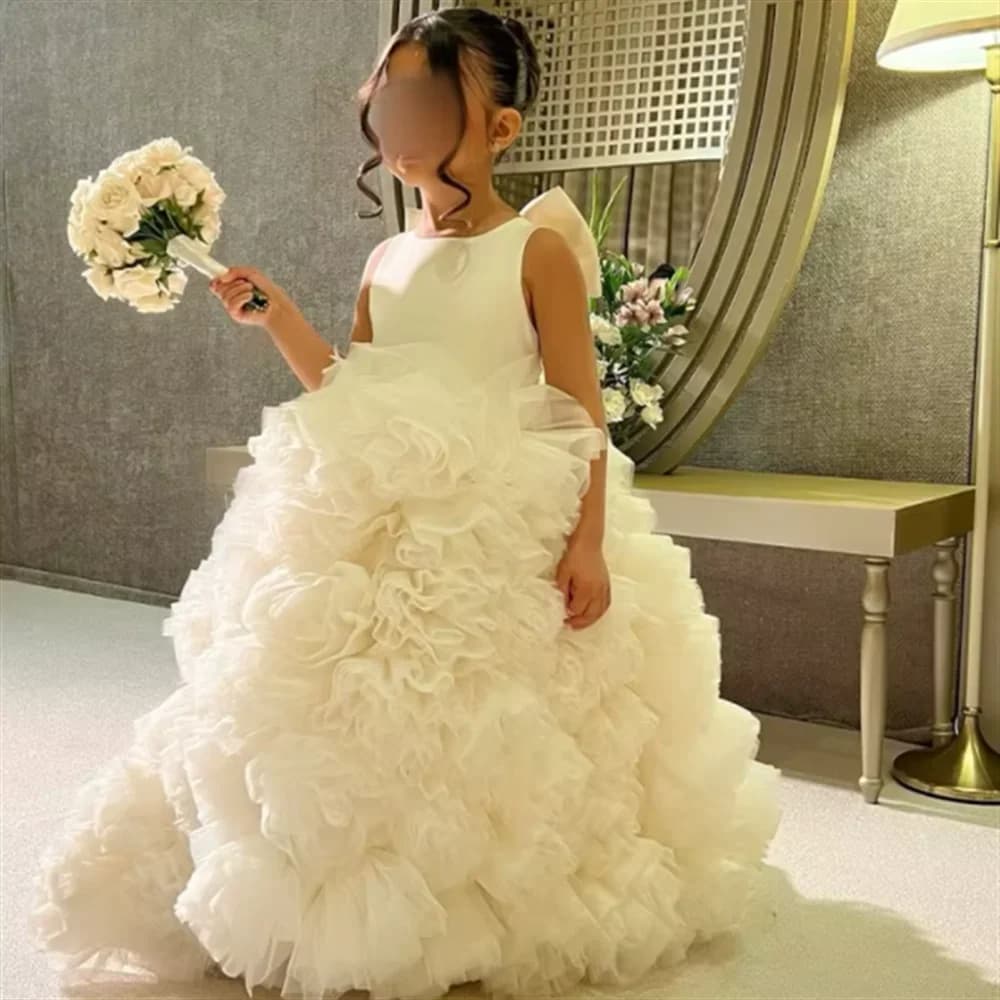 Robes à fleurs blanches pour filles, en Tulle, avec des Appliques bouffantes, sans manches, pour mar