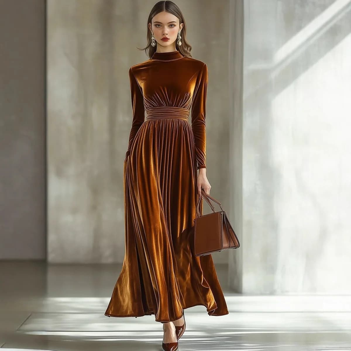 Robe longue en velours doré pour femmes, tenue de soirée de bal de mariage, élégante, plissée, col e