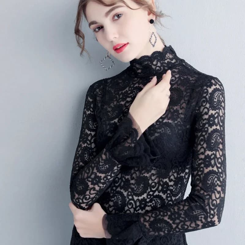 Haut à manches longues transparent sexy pour femmes, mode automne-hiver 2026, chemisiers en dentelle