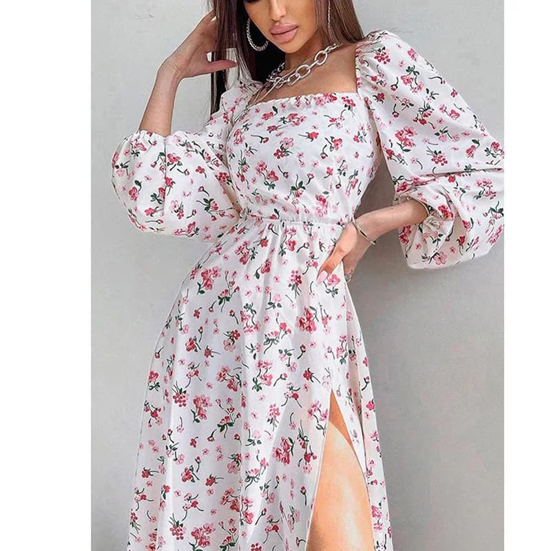 Élégantes femmes Sexy manches longues dos ouvert 2023 été Floral à lacets évider Split Robe Femme Ro