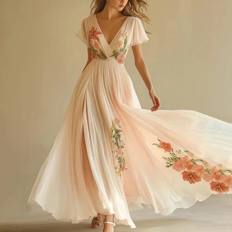 Robe longue en mousseline imprimée florale à col en V, taille haute froncée, pour l'été, robe de soi