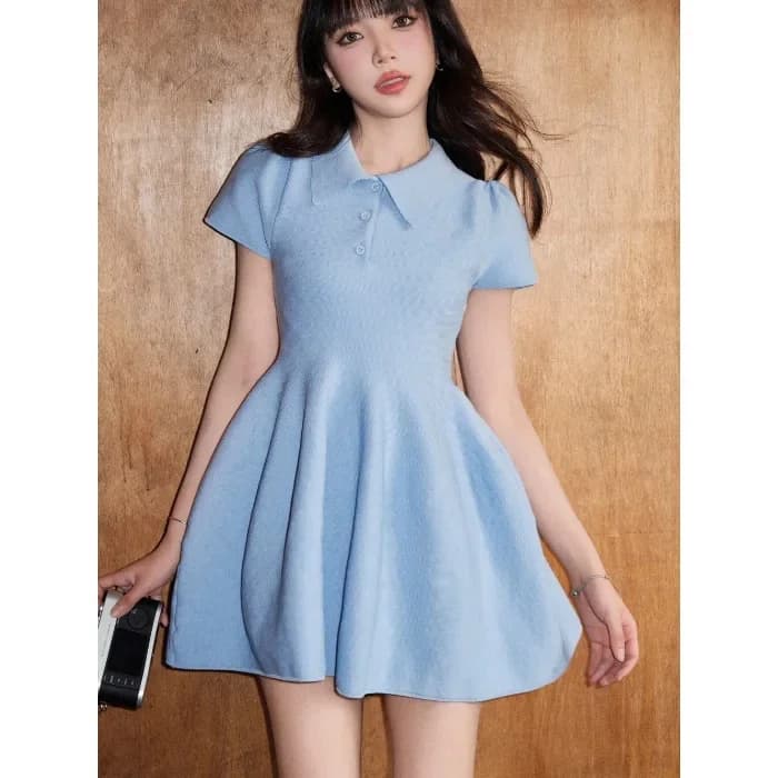 Nouvelle Robe Courte Été Style Poupée Élastique Ajustée Coupe A-Line Col Chemise Cintrée à la Taille