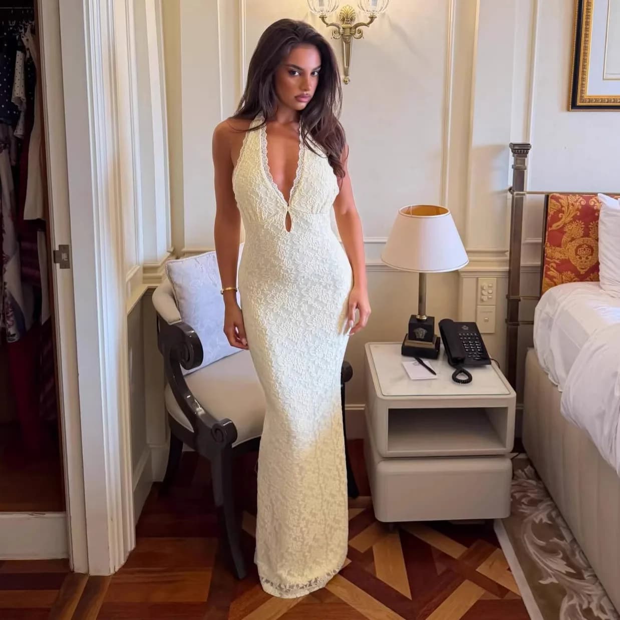 Robe longue dos nu pour femme, sexy, en dentelle, style licou, ajourée, pour soirée, bal de promo, a