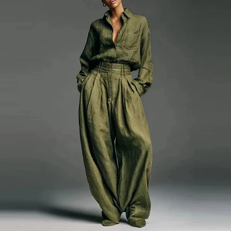 Ensemble chemises et pantalons simples à manches longues pour femmes, tenue de loisirs, Vintage, cou