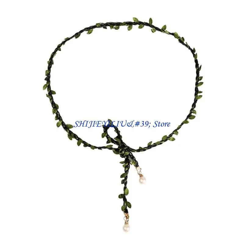 E21F – ceinture fine à feuilles vertes pour femmes, ajustable, avec pendentif en perles