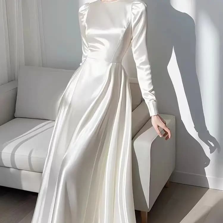 Robe blanche en Satin à manches longues pour femmes, Unique, belle robe française moulante à la tail