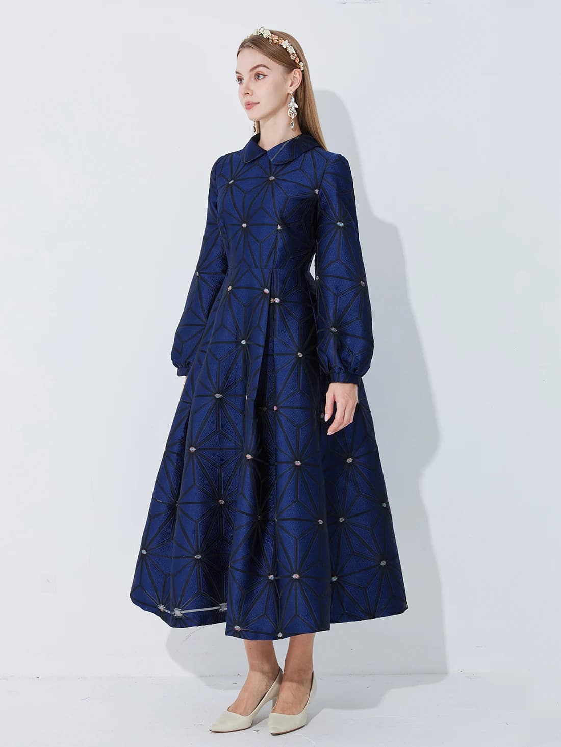Robe haut de gamme de luxe-bleu marine imprimé Jacquard hip-conceur minceur Audrey Hepburn-inspirati