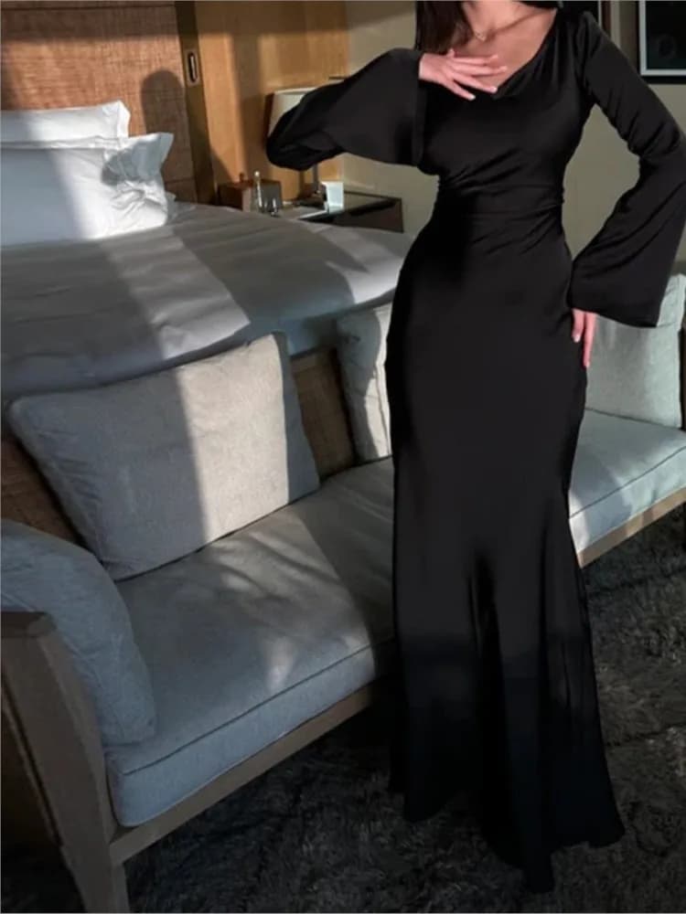 Robe en Satin à manches longues pour femmes, couleur unie, col rond, nouvelle mode élégante à lacets