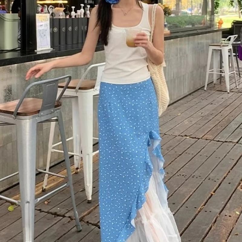 Petite jupe midi florale pour femmes en été, taille haute, coupe ample, maille épissée, fausse jupe 