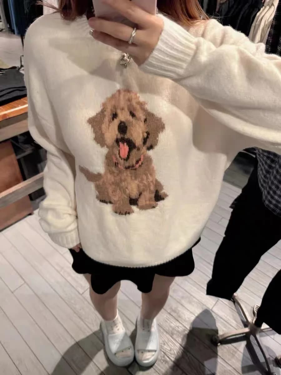 Pull tricoté en Jacquard ours pour femme, col rond, blanc, manches longues, Style Preppy, ample, mig