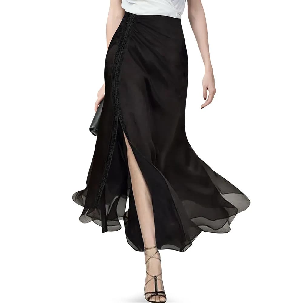 Jupe trapèze en mousseline de soie noire pour femme, haut de gamme, à la mode, taille haute, fente e