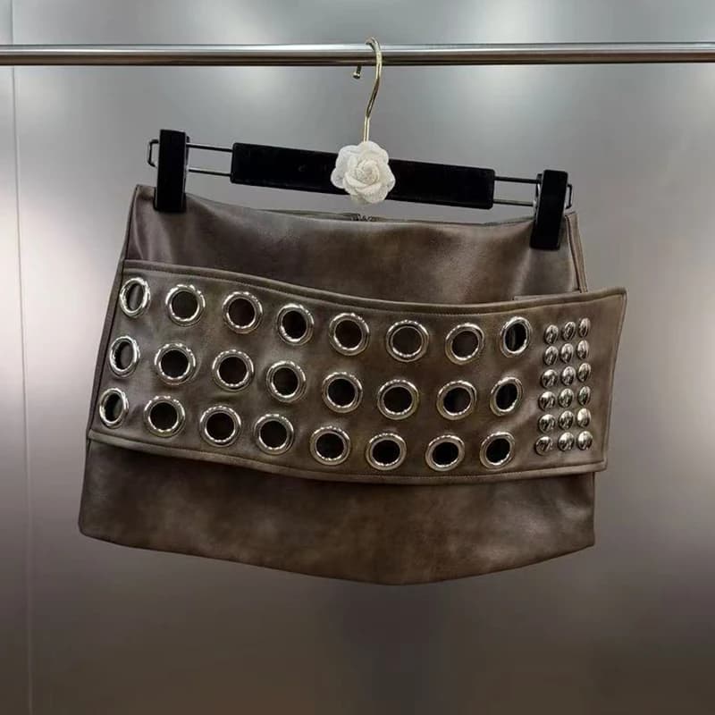 KUCLUT 2026 printemps anneau en métal boucle décorée jupe en cuir PU pour les femmes taille basse Ri
