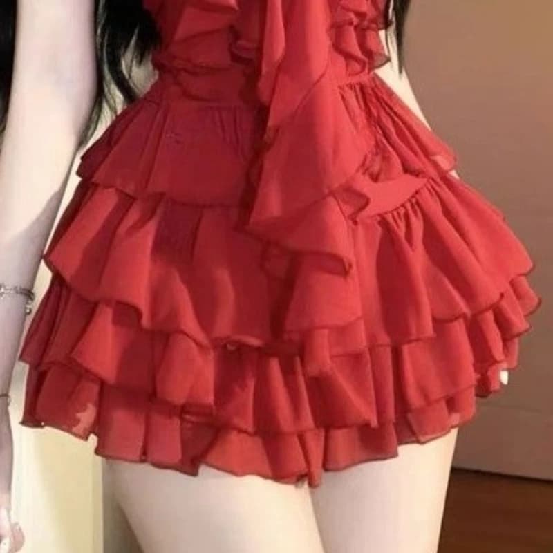 Sexy à volants coupe ajustée licou femmes hauts Mini jupe 2 pièces ensemble fille chaude Style Desig