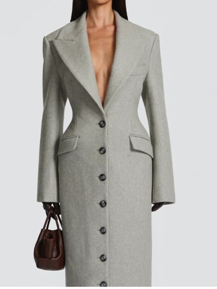Manteau Long pour femmes, Slim, col en V, simple boutonnage, pardessus avec épaulettes, vestes Maxi 