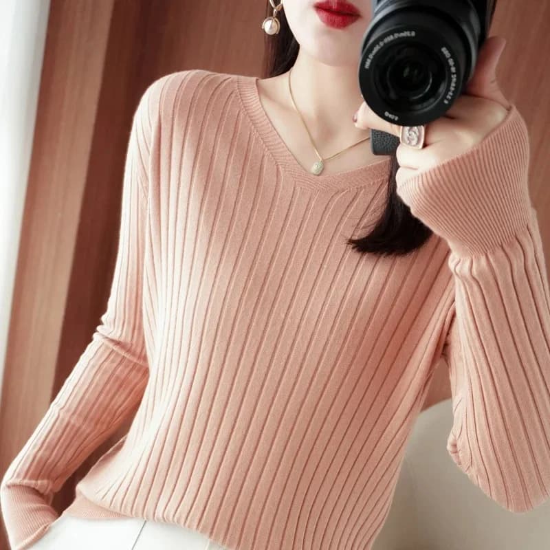 Haut tricoté à manches longues et col en v pour femmes, doux pour la peau, coupe cintrée, chemise à 