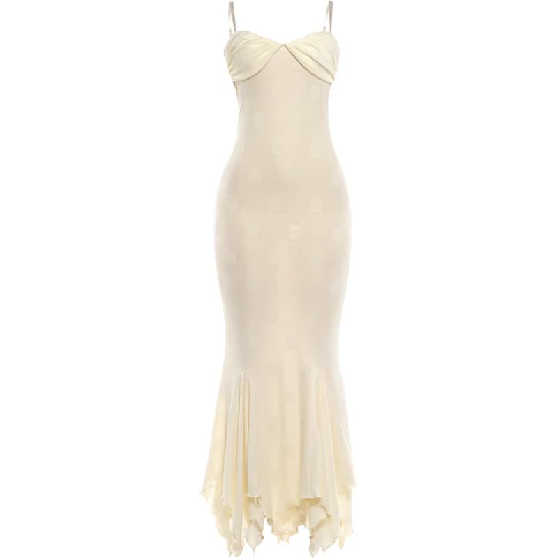 Sisterlinda – robe longue élégante pour femmes, froncée, décorations à pois, col bas, dos nu, sans m