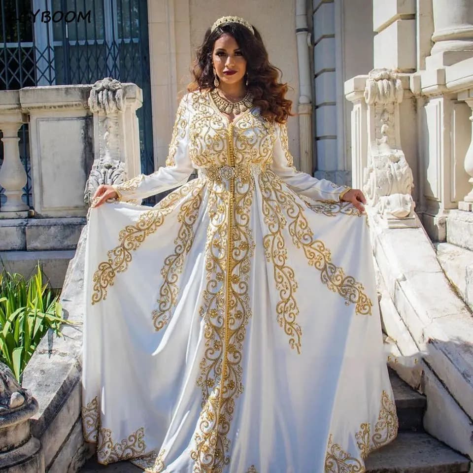Magnifique Caftan Marocain Blanc à Manches Longues, Robes de Soirée Formelles 2026 avec Appliques Do