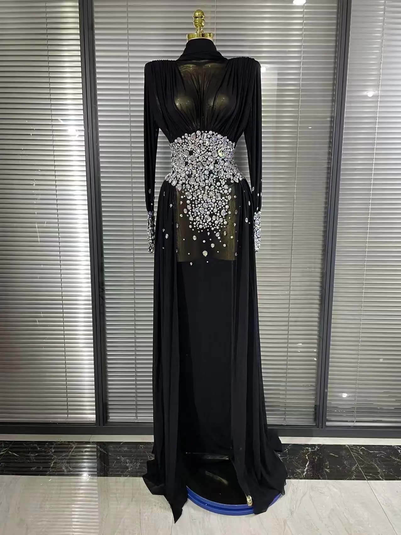 Robe longue élégante en strass pour femmes, maille Sexy transparente, tenue de soirée, bal d'anniver