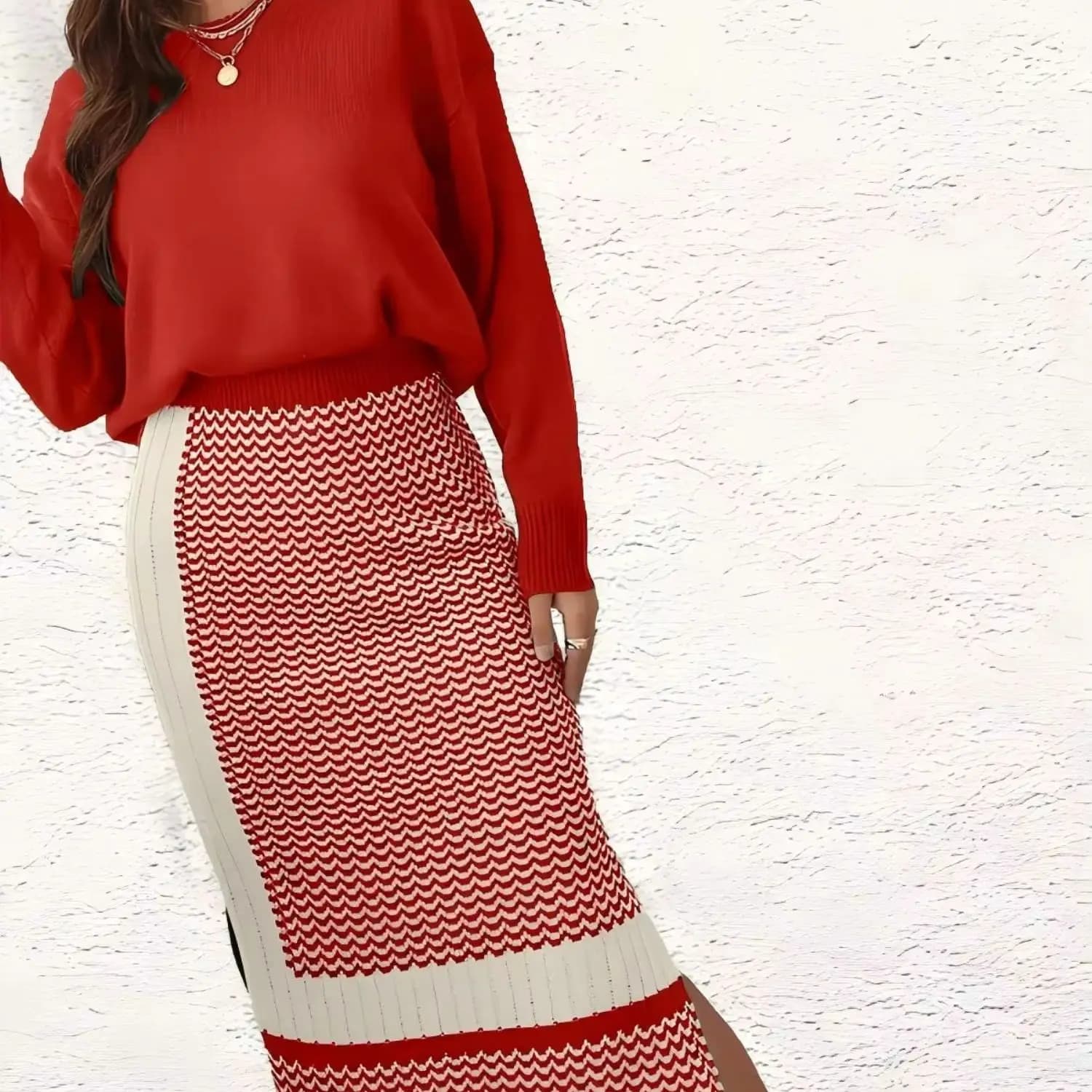 Ensemble 2 pièces en tricot pour femmes grandes tailles, pull à motif ondulé bicolore + jupe midi à 