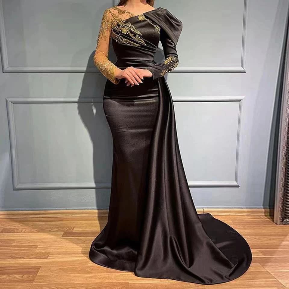 Robe de soirée sirène noire en satin à manches longues 2026 avec appliques et perles scintillantes p