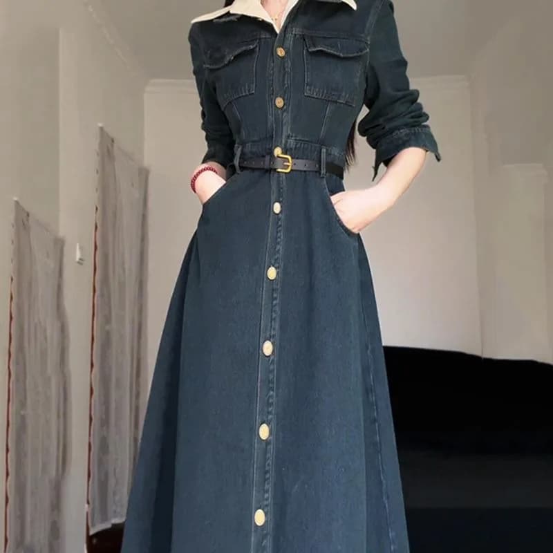 Robe longue en Denim rétro français, nouveau Style, élégante et élégante, amincissante et adaptée au