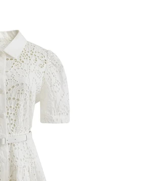 Robe brodée blanche pour femmes, manches courtes et taille pour dames de bureau, robe chemise élégan