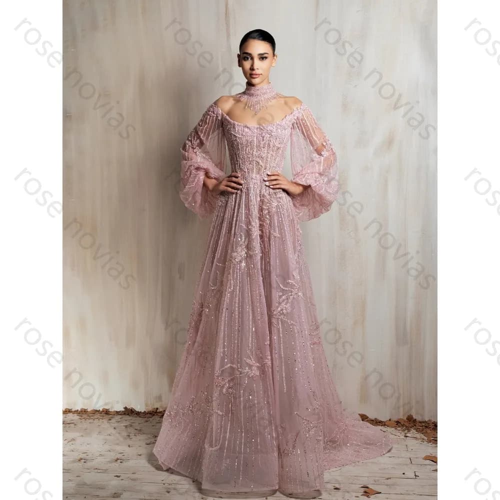 Robe de soirée formelle pour femme, col licou, manches longues bouffantes transparentes, ornée de pe