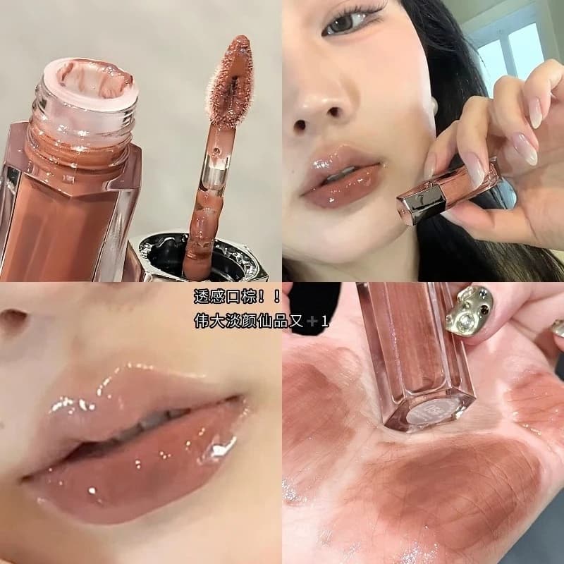 Brillant à lèvres marron Transparent glacé, liquide brillant hydratant, eau légère, miroir en verre,