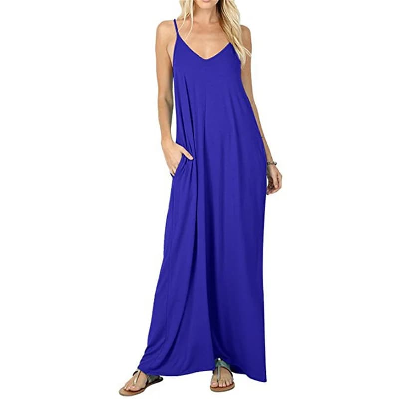 Robe longue femme 2026, couleur unie, sans bretelles, coupe ample, col en V avec lien et poches, élé