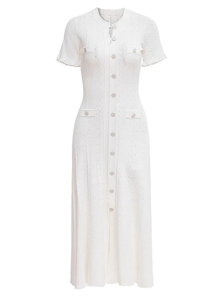 Robe longue élégante en maille côtelée à col rond et manches courtes, ajourée, à bouton unique, styl