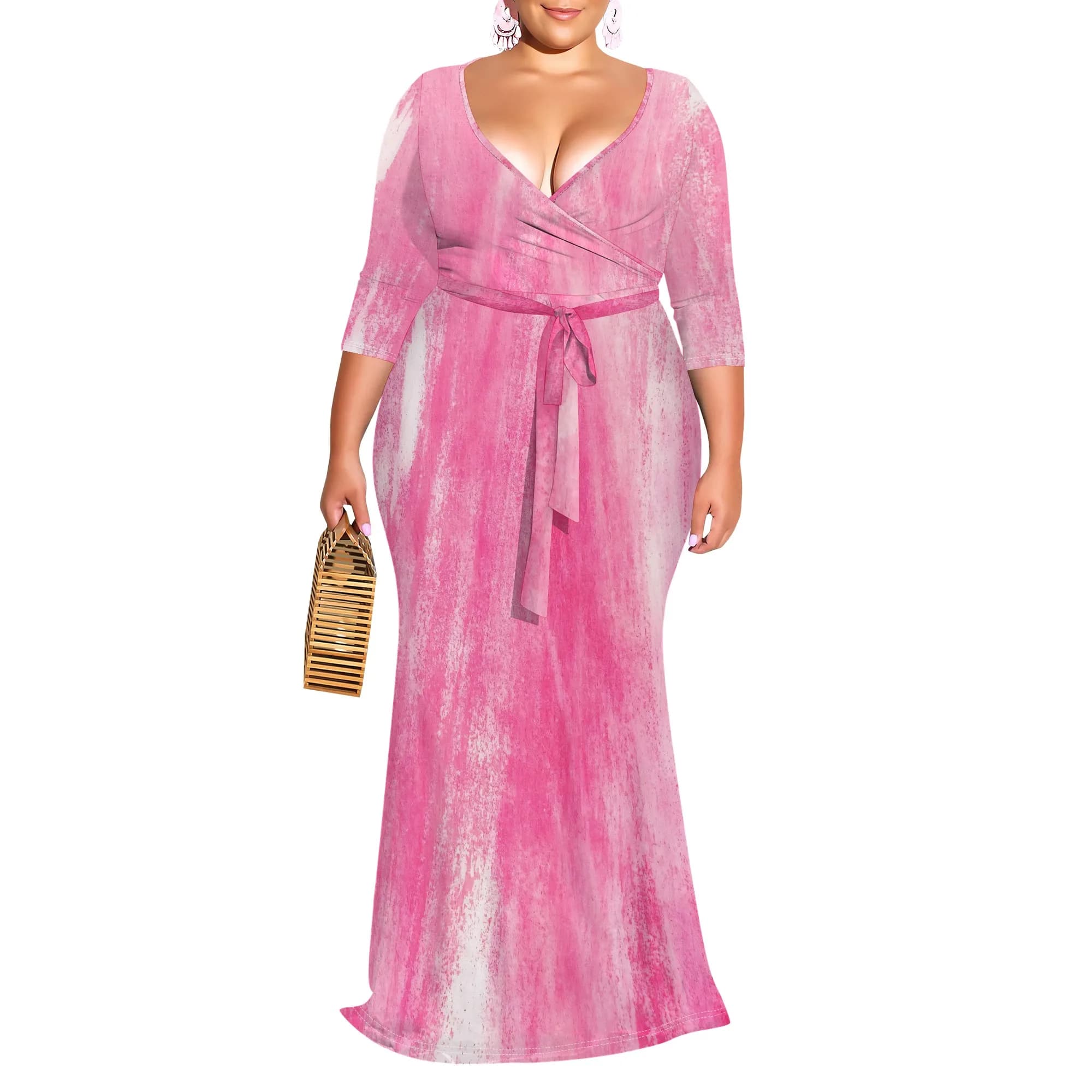 Robe longue dégradée pour femmes, manches 3/4, col en V profond, rouge, blanc, marron, portefeuille,