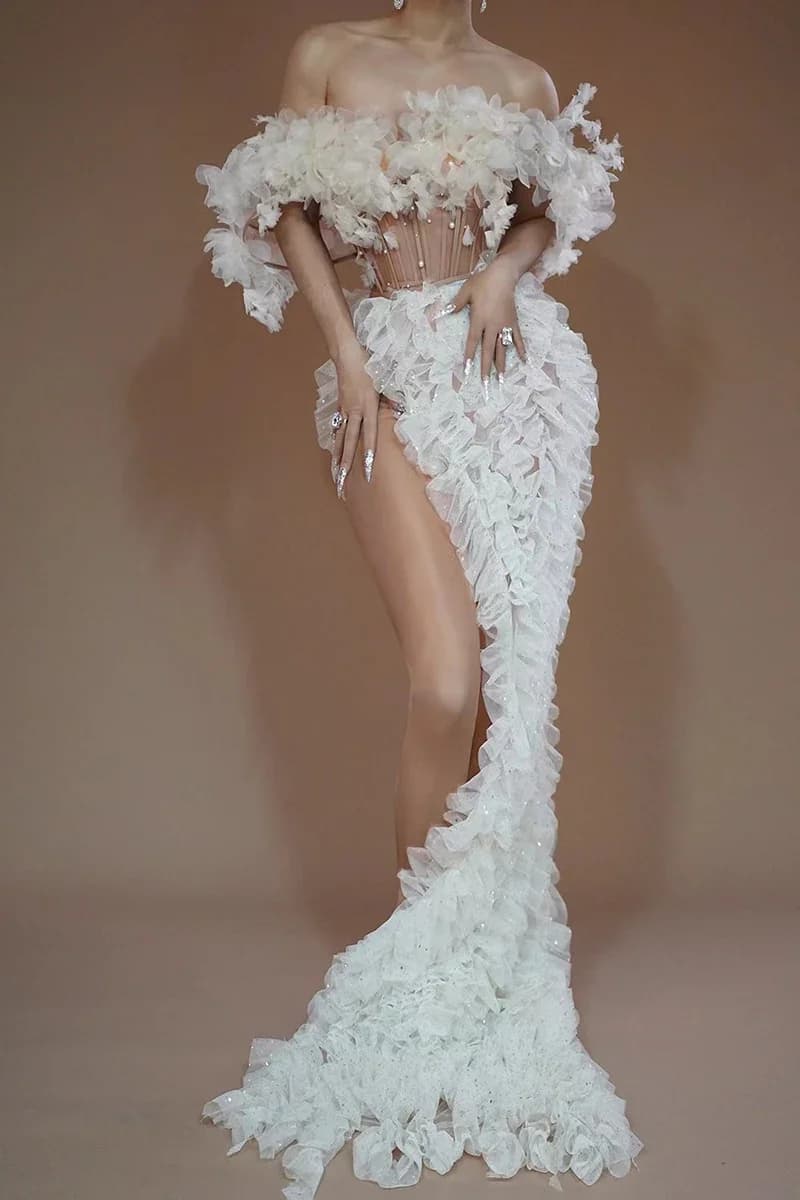 Jupe longue personnalisée, Perspective ajourée, sans bretelles, Sexy, fente haute, robe en maille bl