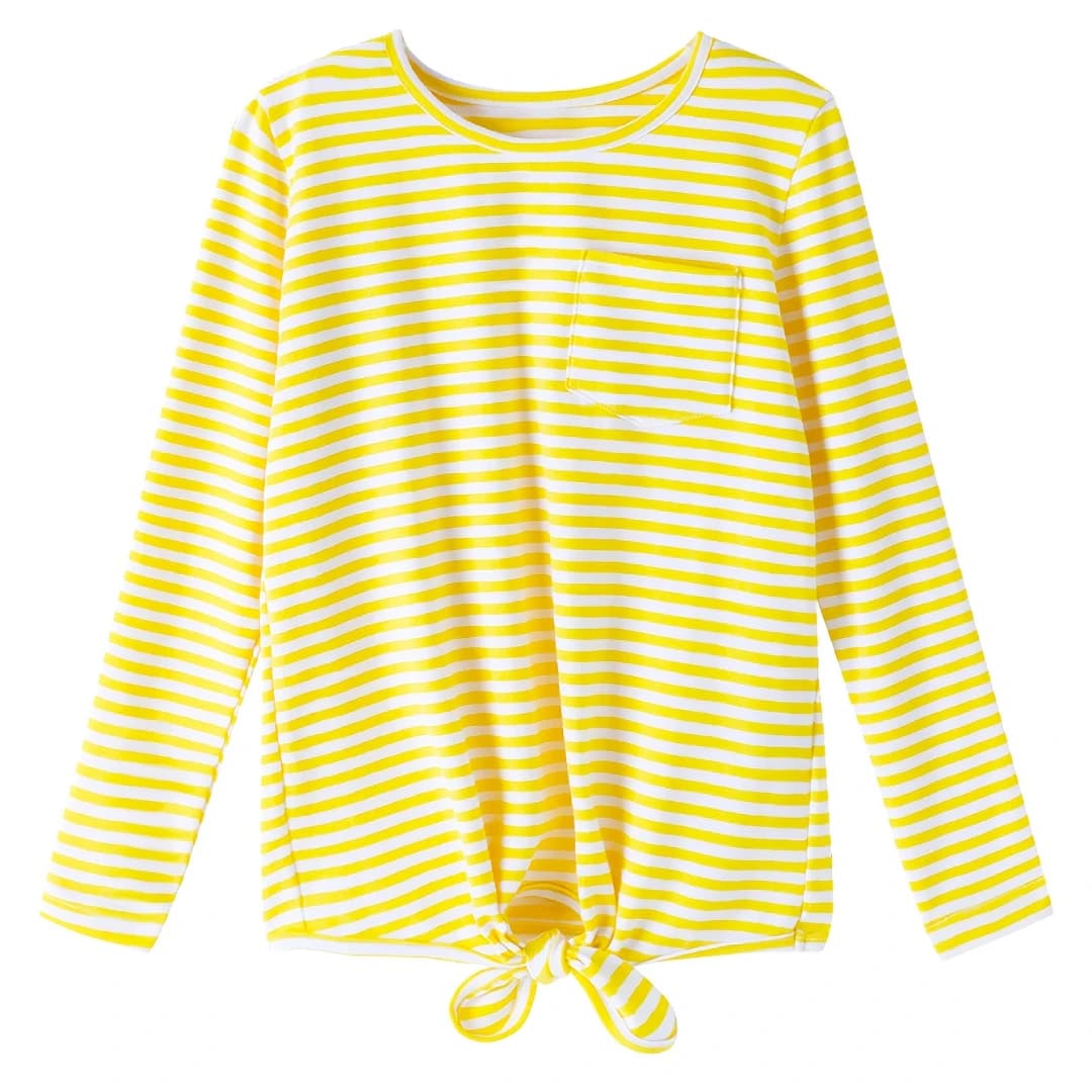 Haut à manches longues rayé jaune-blanc pour fille – Ourlet et poche avec nœud, t-shirt mignon et co