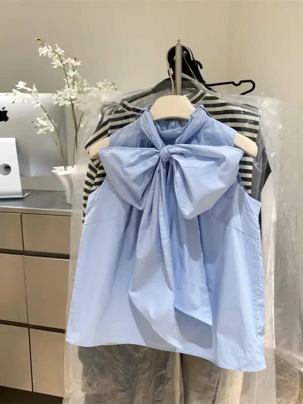 Chemisier blanc pour femme 2026 – Blouses femme à nœud, sans manches, amples, tendance, douces, pour