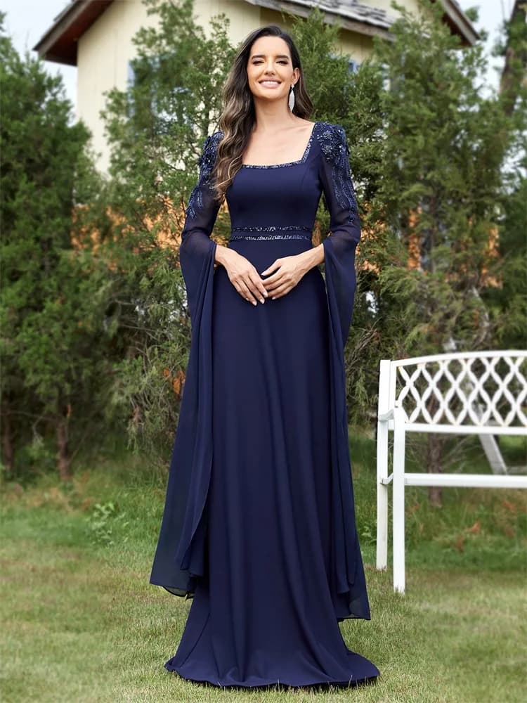 Lucyinlove luxe en mousseline de soie dos en V manches longues marine robes de soirée longue 2025 él