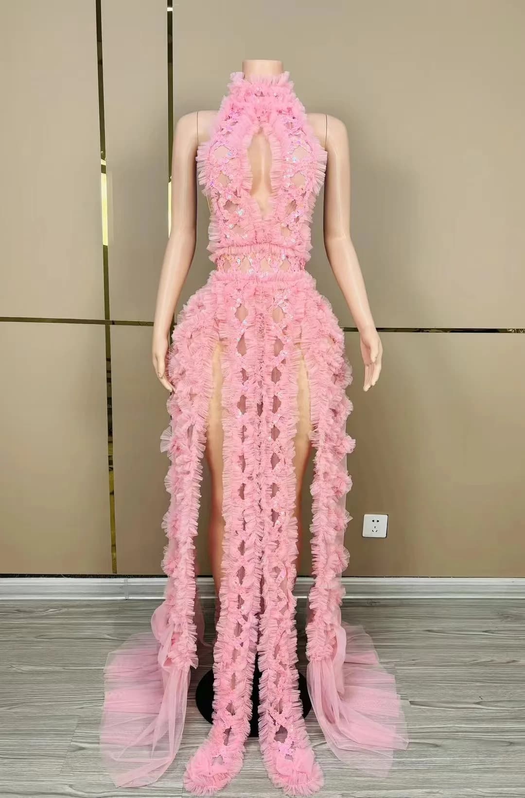 Robe longue rose sexy dos nu à sequins pour femme – Idéale pour soirées, bars, concours, photographi