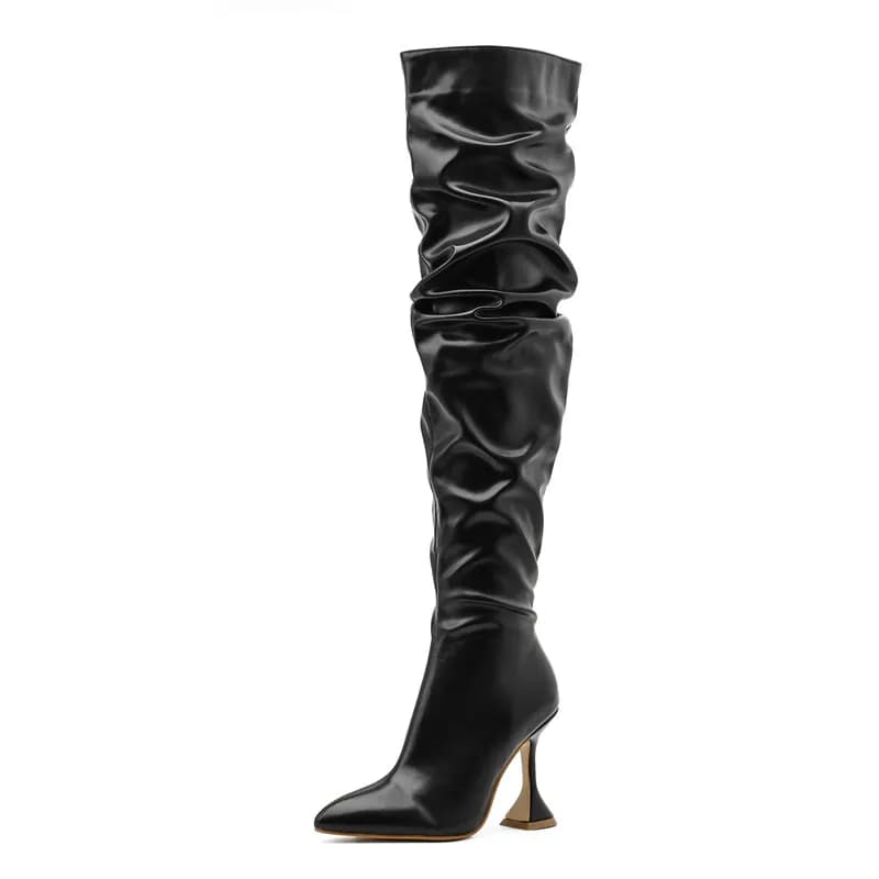 Cuissardes en cuir souple plissé pour femmes, chaussures au-dessus du genou, bout pointu, talons hau