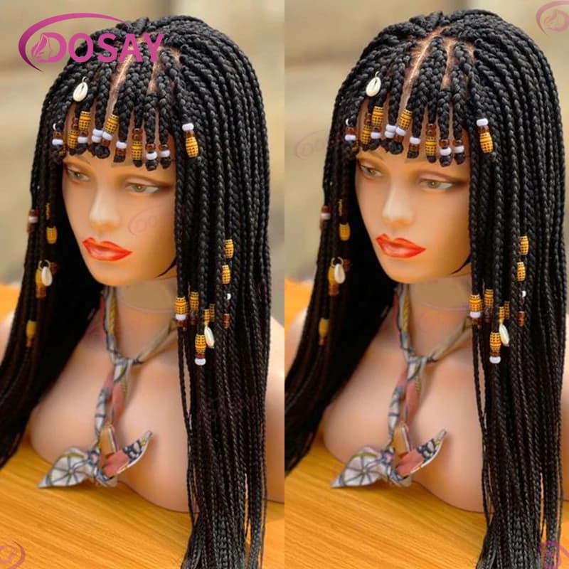 Perruque Synthétique Tressée avec Frange pour Femme Noire, Cheveux Africains Longs et Courts, Boîte 