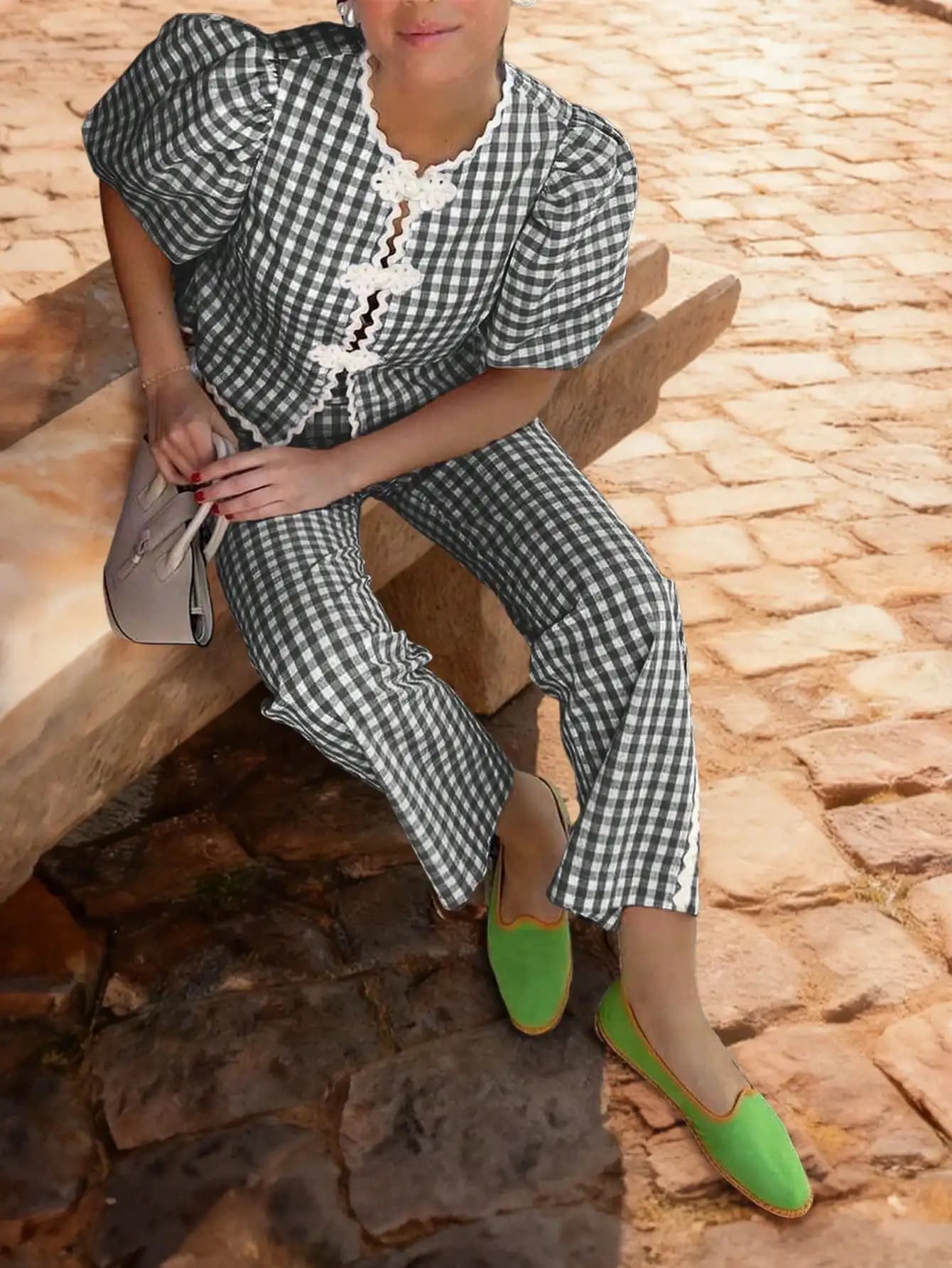 Ensemble deux pièces bleu à carreaux pour femme - Haut vintage français à manches bouffantes avec de