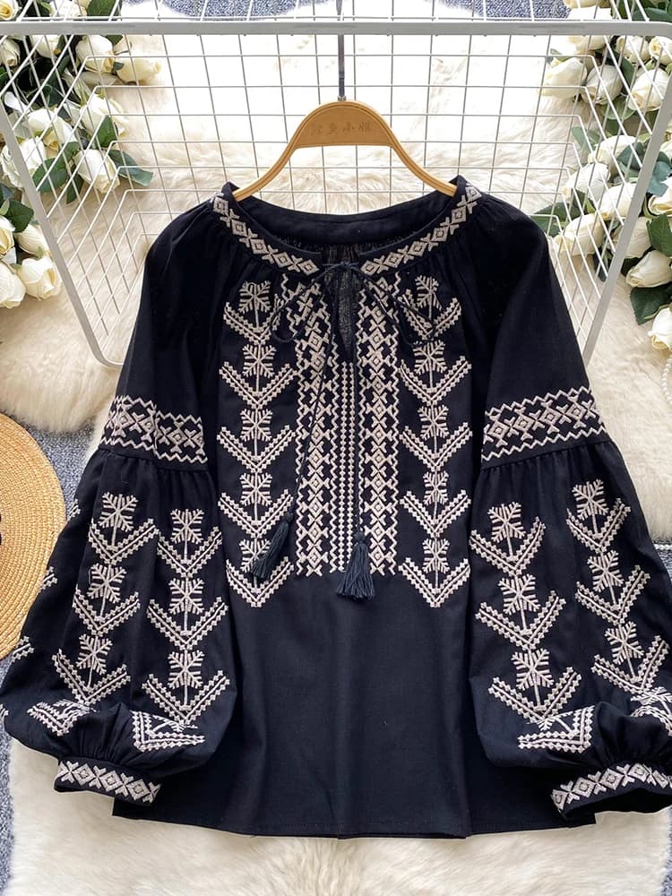 Femmes Blouse broderie automne à manches longues chemise rétro Style bohème cravate-teinture lantern