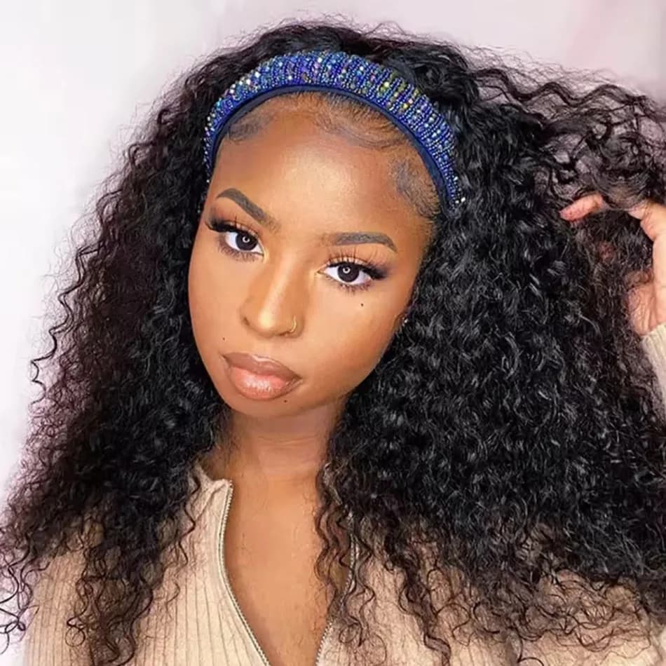 Perruque longue à bandeau en cheveux humains bouclés crépus pour femmes, demi-perruque bouclée sans 