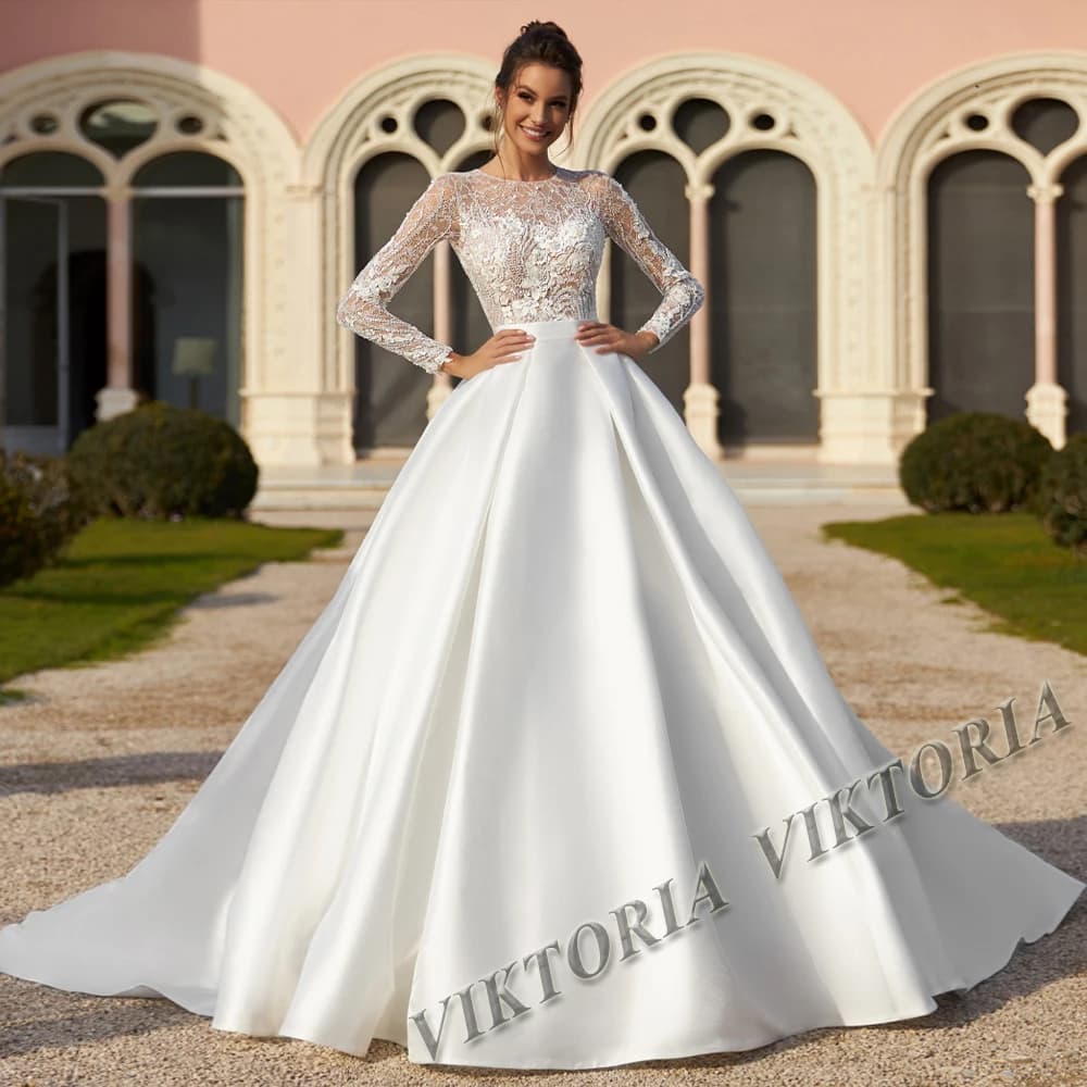 VIKTORIA-Robe de Mariée en Satin à Manches sulfpour Femme, Tenue Éducative Personnalisée avec Appliq