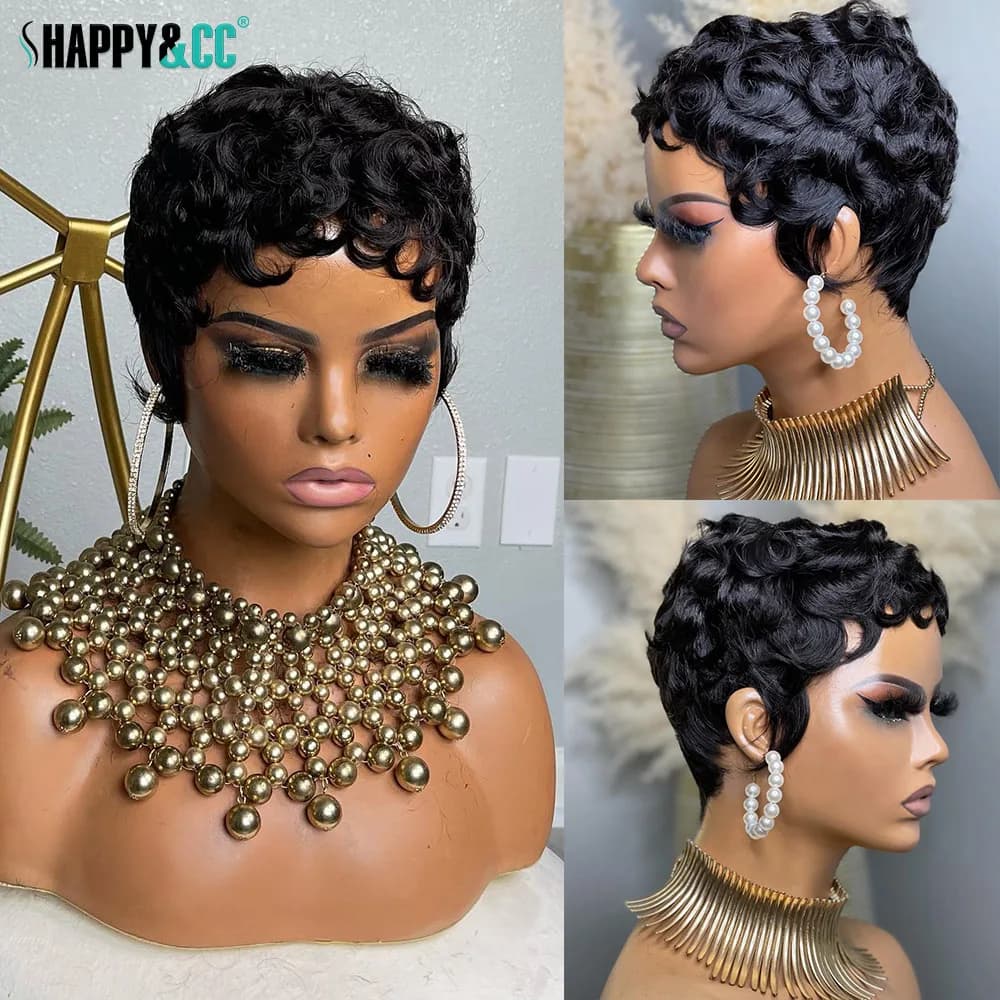 Perruques de cheveux humains bouclés pour femmes noires, perruque courte coupe Pixie, perruque Bob n