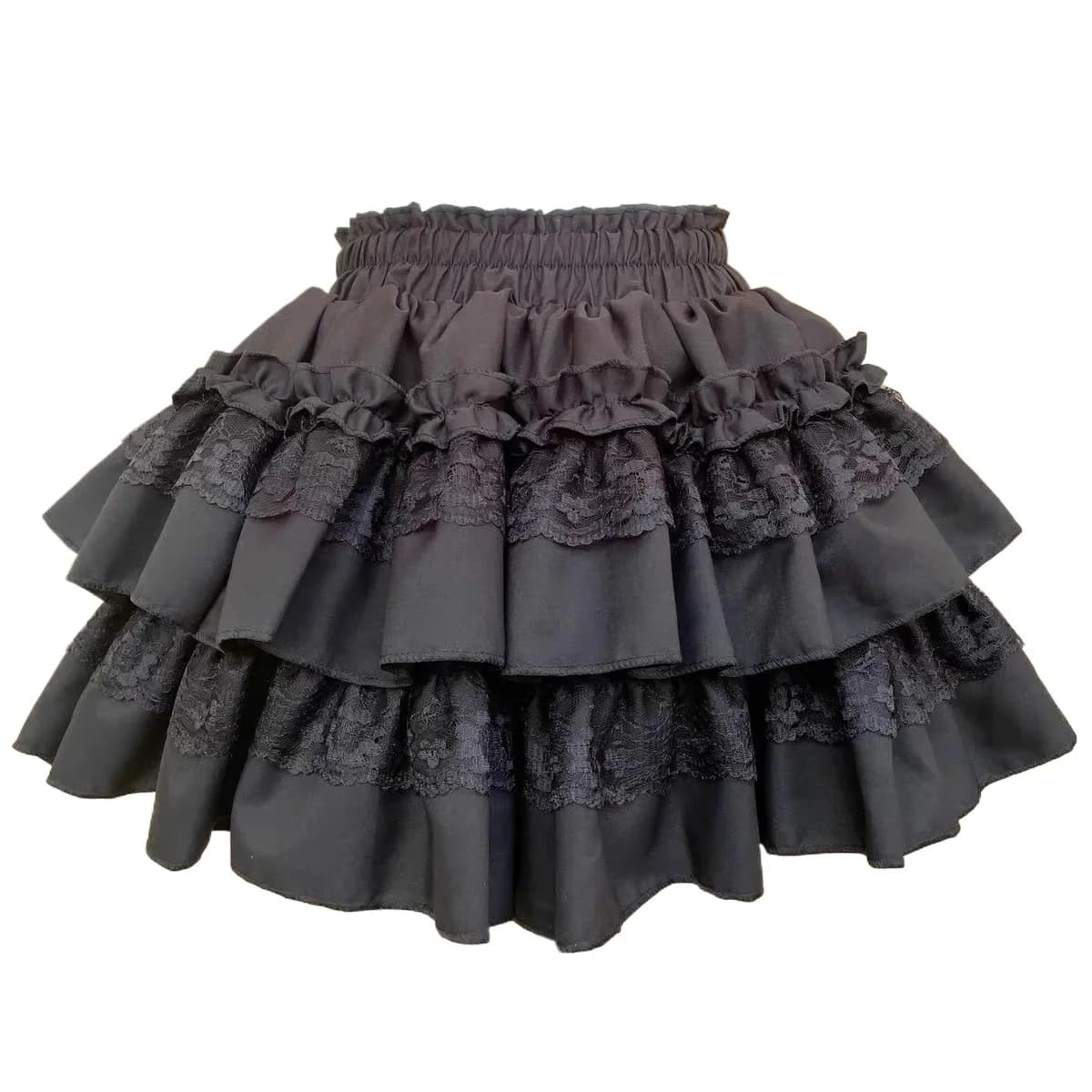 Mini-jupe noire pour femme, jupe-short à volants superposés avec bordure en dentelle, avec short int