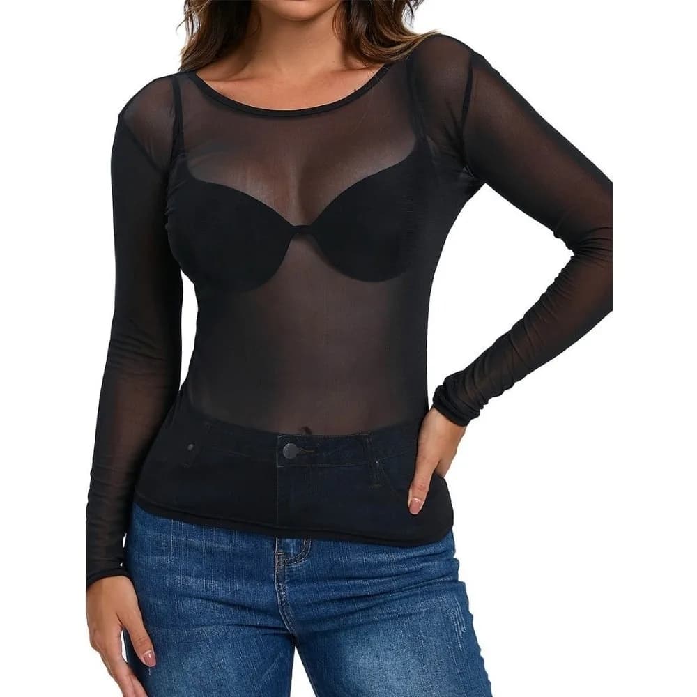 T-shirt transparent noir pour femme, super doux, à manches longues, coupe ajustée, en maille transpa