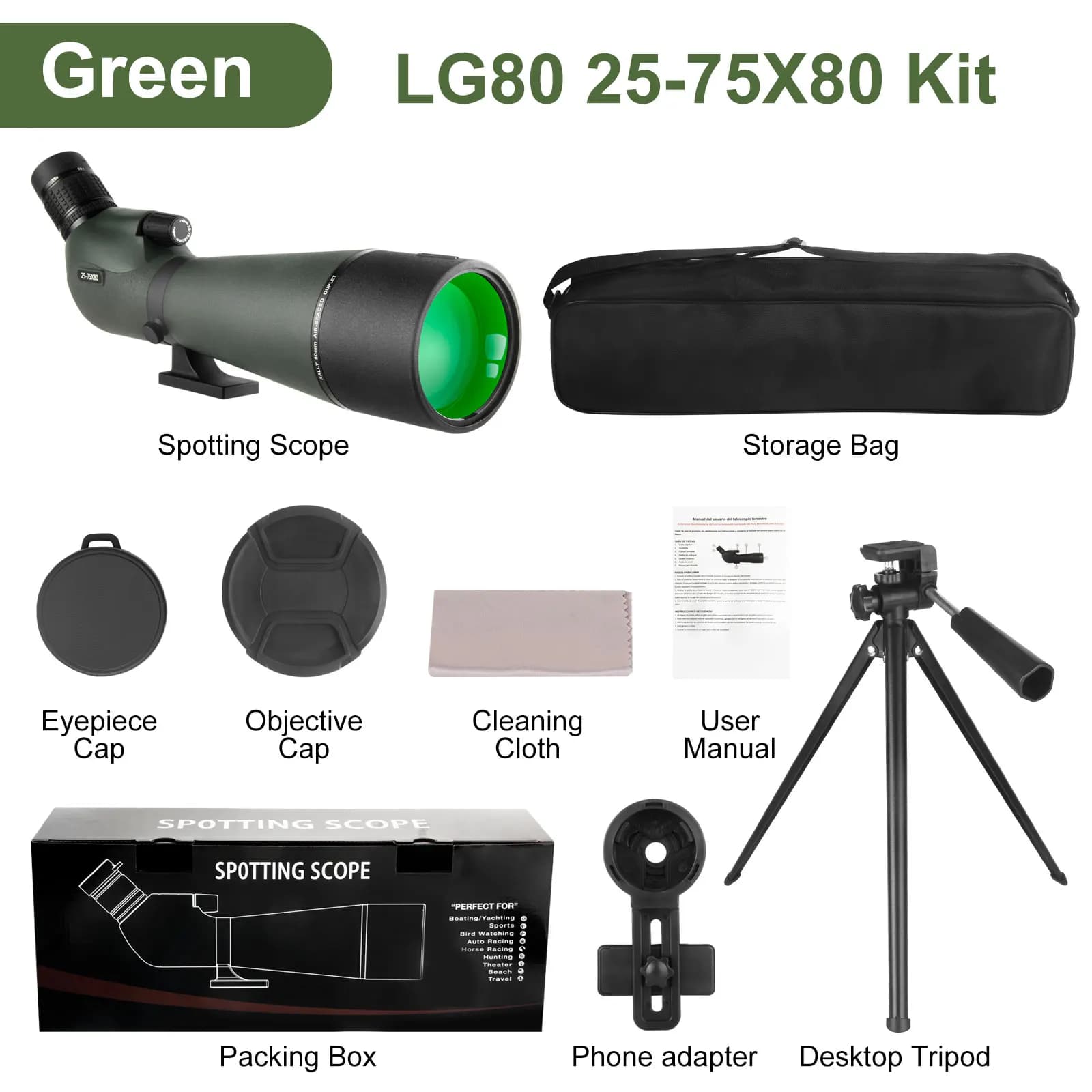 Lunette de repérage 25-75x80 avec trépied, adaptateur de téléphone, étanche, antibuée, pour l'observ